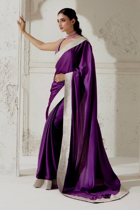 Buy Ranian Purple Silk Satin Gota Patti, Embroidery Plunge Neck Border Saree With Blouse Online at Aza Fashions Buy_Ranian_Purple Silk Satin Gota Patti, Embroidery Plunge Neck Border Saree With Blouse _Online_at_Aza_Fashions