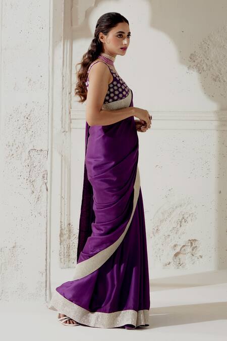 Shop Ranian Purple Silk Satin Gota Patti, Embroidery Plunge Neck Border Saree With Blouse Online at Aza Fashions Shop_Ranian_Purple Silk Satin Gota Patti, Embroidery Plunge Neck Border Saree With Blouse _Online_at_Aza_Fashions