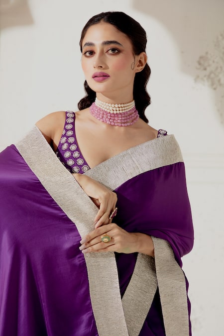 Ranian Purple Silk Satin Gota Patti, Embroidery Plunge Neck Border Saree With Blouse at Aza Fashions Ranian_Purple Silk Satin Gota Patti, Embroidery Plunge Neck Border Saree With Blouse _at_Aza_Fashions