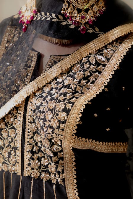 Shop_Ranian_Black Silk, Chanderi, Organza Embroidery Round Neck Kalidar Kurta Salwar Set _Online_at_Aza_Fashions