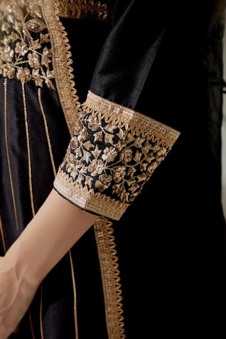 Ranian_Black Silk, Chanderi, Organza Embroidery Round Neck Kalidar Kurta Salwar Set _at_Aza_Fashions