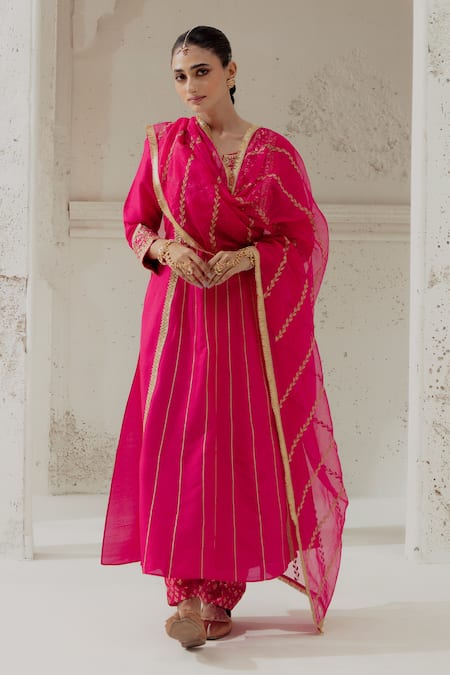 Buy_Ranian_Pink Silk, Organza Embroidery Round Neck Floral Kalidar Kurta Salwar Set _Online_at_Aza_Fashions