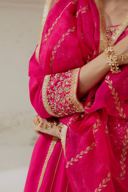 Shop_Ranian_Pink Silk, Organza Embroidery Round Neck Floral Kalidar Kurta Salwar Set _Online_at_Aza_Fashions