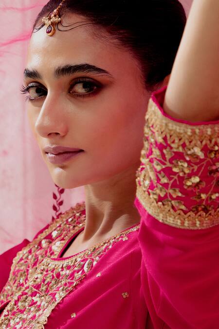 Buy_Ranian_Pink Silk, Organza Embroidery Round Neck Floral Kalidar Kurta Salwar Set 