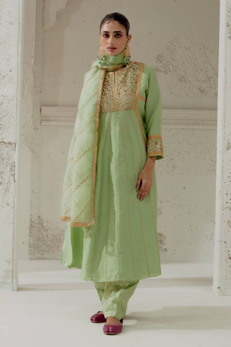 Buy_Ranian_Green Silk, Organza Embroidery Round Neck Floral Work Kalidar Kurta Salwar Set _Online_at_Aza_Fashions