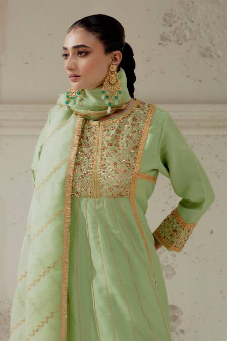 Shop_Ranian_Green Silk, Organza Embroidery Round Neck Floral Work Kalidar Kurta Salwar Set _Online_at_Aza_Fashions
