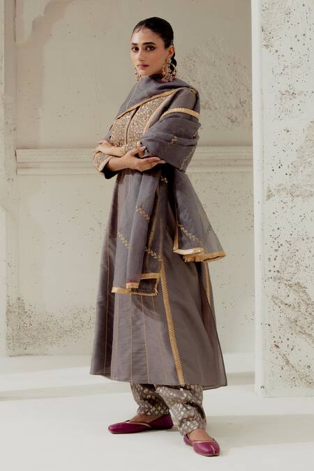 Shop_Ranian_Grey Silk, Chanderi, Organza Embroidery Round Neck Floral Work Kalidar Kurta Set _Online_at_Aza_Fashions