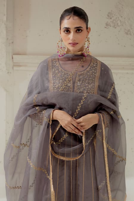 Ranian_Grey Silk, Chanderi, Organza Embroidery Round Neck Floral Work Kalidar Kurta Set _at_Aza_Fashions