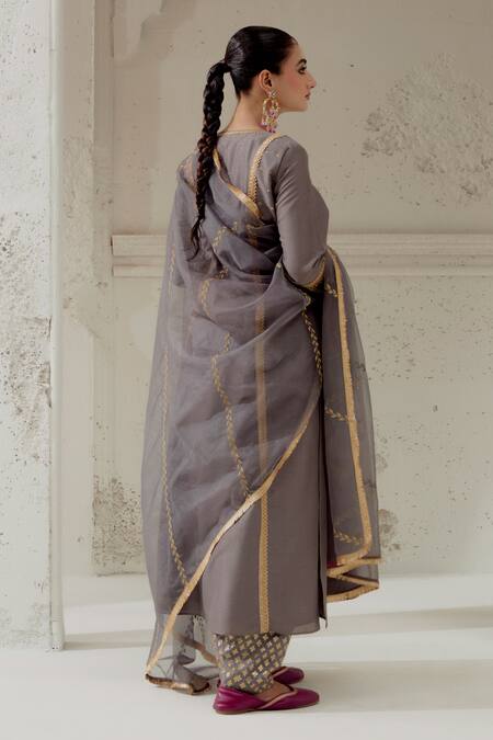Ranian_Grey Silk, Chanderi, Organza Embroidery Round Neck Floral Work Kalidar Kurta Set _Online_at_Aza_Fashions