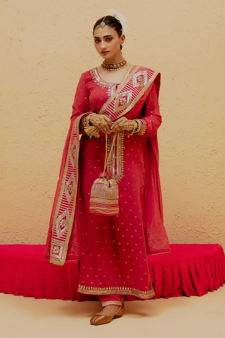 Buy Ranian Red Georgette Embroidery, Gota Patti Round Neck Long Kurta Pant Set Online at Aza Fashions Buy_Ranian_Red Georgette Embroidery, Gota Patti Round Neck Long Kurta Pant Set _Online_at_Aza_Fashions