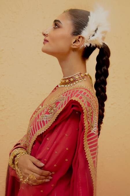 Shop Ranian Red Georgette Embroidery, Gota Patti Round Neck Long Kurta Pant Set Online at Aza Fashions Shop_Ranian_Red Georgette Embroidery, Gota Patti Round Neck Long Kurta Pant Set _Online_at_Aza_Fashions