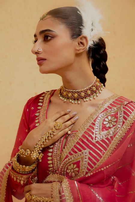 Ranian Red Georgette Embroidery, Gota Patti Round Neck Long Kurta Pant Set at Aza Fashions Ranian_Red Georgette Embroidery, Gota Patti Round Neck Long Kurta Pant Set _at_Aza_Fashions