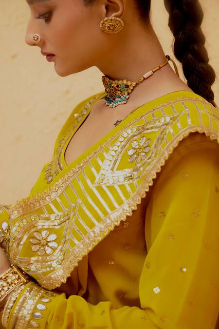 Shop_Ranian_Yellow Georgette Embroidery, Gota Patti Round Neck Straight Kurta Pant Set 