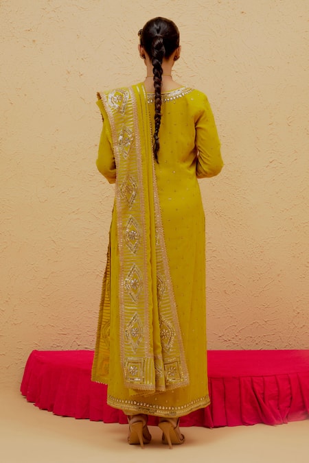 Ranian_Yellow Georgette Embroidery, Gota Patti Round Neck Straight Kurta Pant Set _Online_at_Aza_Fashions
