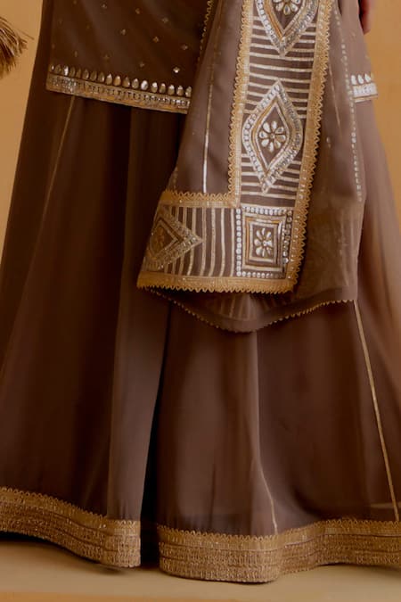 Buy_Ranian_Brown Georgette Sequins, Gota Patti Round Neck Embroidered Kurta Lehenga Set _Online_at_Aza_Fashions