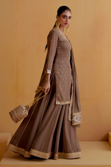 Shop_Ranian_Brown Georgette Sequins, Gota Patti Round Neck Embroidered Kurta Lehenga Set _Online_at_Aza_Fashions