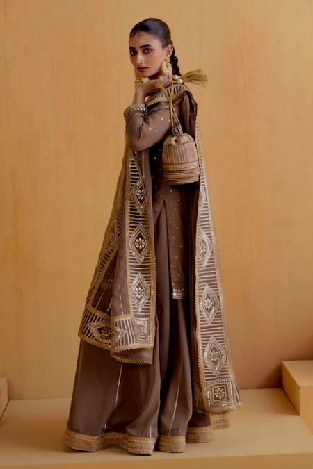 Ranian_Brown Georgette Sequins, Gota Patti Round Neck Embroidered Kurta Lehenga Set _at_Aza_Fashions