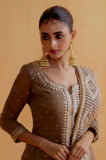Buy_Ranian_Brown Georgette Sequins, Gota Patti Round Neck Embroidered Kurta Lehenga Set 