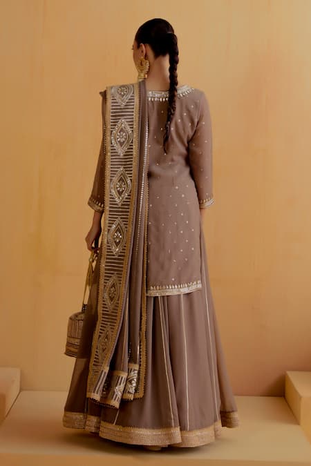 Ranian_Brown Georgette Sequins, Gota Patti Round Neck Embroidered Kurta Lehenga Set _Online_at_Aza_Fashions