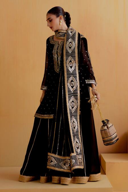 Buy Ranian Black Georgette Gota Patti Round Neck Embroidered Kurta Lehenga Set Online at Aza Fashions Buy_Ranian_Black Georgette Gota Patti Round Neck Embroidered Kurta Lehenga Set _Online_at_Aza_Fashions