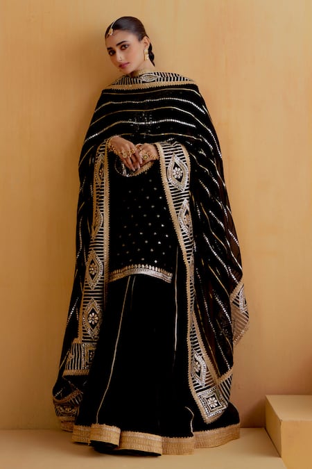 Shop Ranian Black Georgette Gota Patti Round Neck Embroidered Kurta Lehenga Set Online at Aza Fashions Shop_Ranian_Black Georgette Gota Patti Round Neck Embroidered Kurta Lehenga Set _Online_at_Aza_Fashions