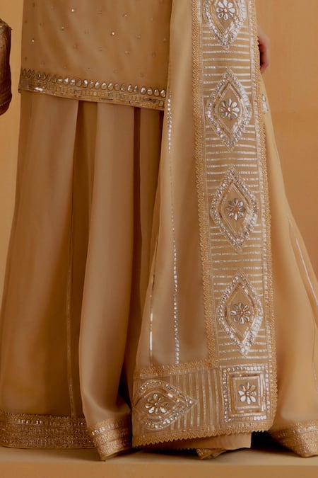 Shop Ranian Gold Georgette Embroidery, Gota Patti Round Neck Kurta Ghardar Lehenga Set Online at Aza Fashions Shop_Ranian_Gold Georgette Embroidery, Gota Patti Round Neck Kurta Ghardar Lehenga Set _Online_at_Aza_Fashions