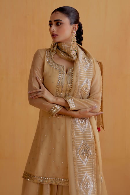 Ranian Gold Georgette Embroidery, Gota Patti Round Neck Kurta Ghardar Lehenga Set at Aza Fashions Ranian_Gold Georgette Embroidery, Gota Patti Round Neck Kurta Ghardar Lehenga Set _at_Aza_Fashions