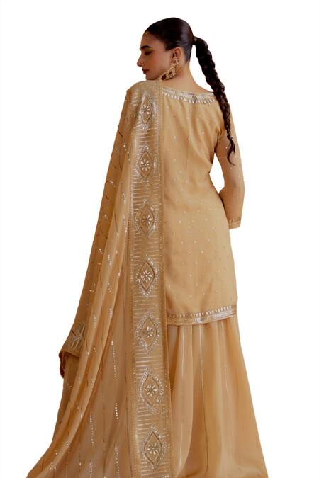 Buy Ranian Gold Georgette Embroidery, Gota Patti Round Neck Kurta Ghardar Lehenga Set Buy_Ranian_Gold Georgette Embroidery, Gota Patti Round Neck Kurta Ghardar Lehenga Set