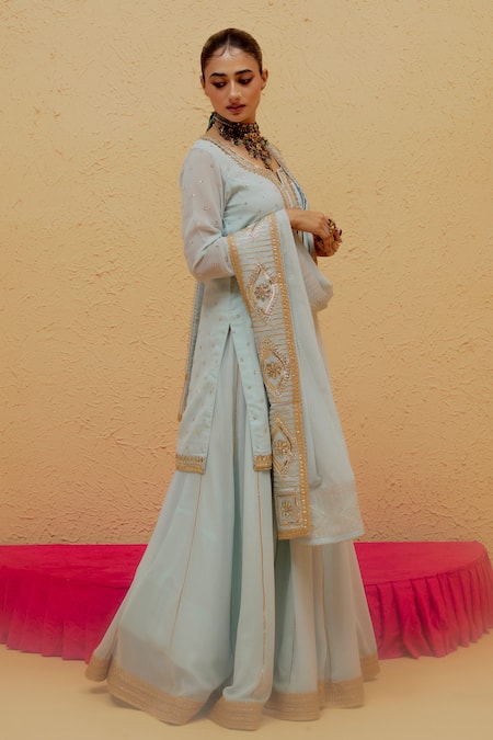 Buy_Ranian_Blue Georgette Gota Patti Round Neck Embroidered Kurta Lehenga Set _Online_at_Aza_Fashions
