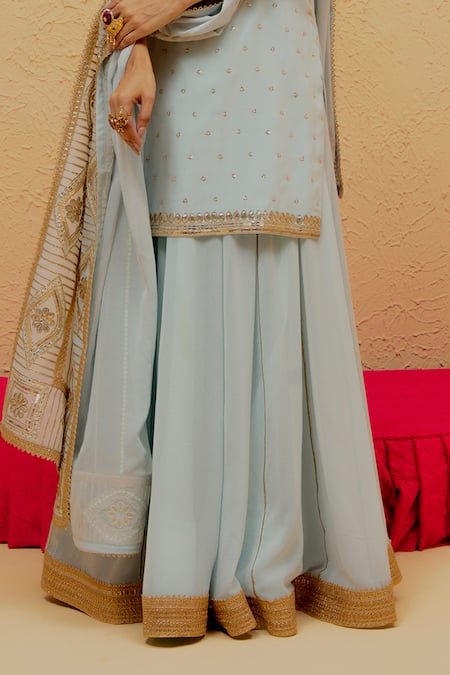 Shop_Ranian_Blue Georgette Gota Patti Round Neck Embroidered Kurta Lehenga Set _Online_at_Aza_Fashions