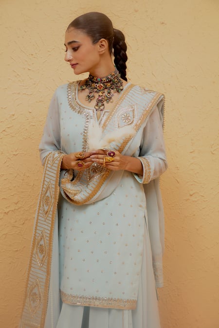 Ranian_Blue Georgette Gota Patti Round Neck Embroidered Kurta Lehenga Set _at_Aza_Fashions
