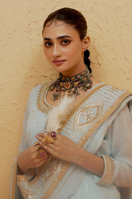 Buy_Ranian_Blue Georgette Gota Patti Round Neck Embroidered Kurta Lehenga Set 