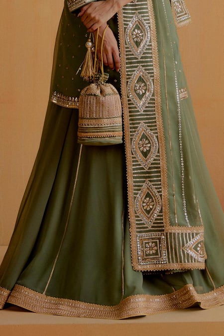 Buy_Ranian_Green Georgette Embroidery, Gota Patti Round Neck Work Kurta Lehenga Set _Online_at_Aza_Fashions