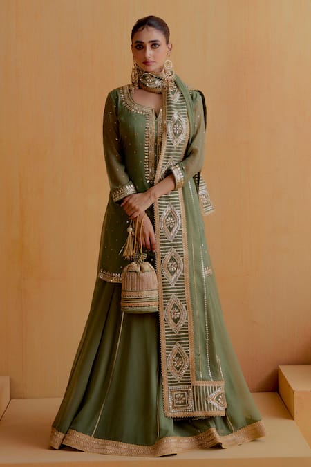 Shop_Ranian_Green Georgette Embroidery, Gota Patti Round Neck Work Kurta Lehenga Set _Online_at_Aza_Fashions