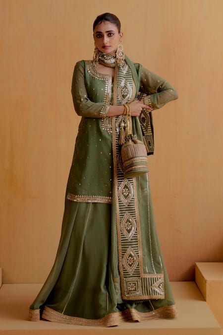 Ranian_Green Georgette Embroidery, Gota Patti Round Neck Work Kurta Lehenga Set _at_Aza_Fashions