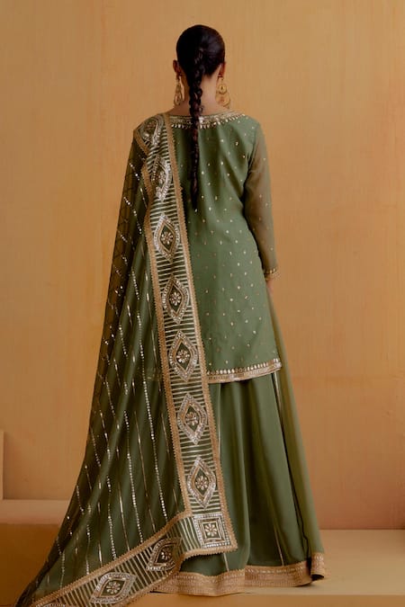 Ranian_Green Georgette Embroidery, Gota Patti Round Neck Work Kurta Lehenga Set _Online_at_Aza_Fashions