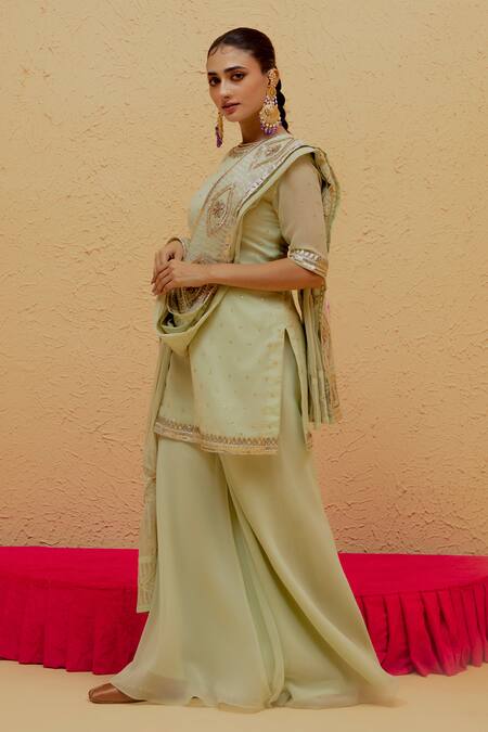 Buy Ranian Green Georgette Embroidery, Gota Patti High Neck Short Kurta Sharara Set Online at Aza Fashions Buy_Ranian_Green Georgette Embroidery, Gota Patti High Neck Short Kurta Sharara Set _Online_at_Aza_Fashions