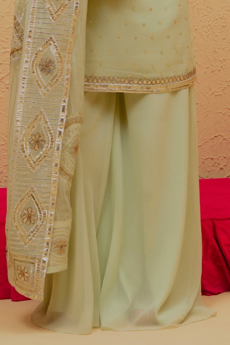Shop Ranian Green Georgette Embroidery, Gota Patti High Neck Short Kurta Sharara Set Online at Aza Fashions Shop_Ranian_Green Georgette Embroidery, Gota Patti High Neck Short Kurta Sharara Set _Online_at_Aza_Fashions
