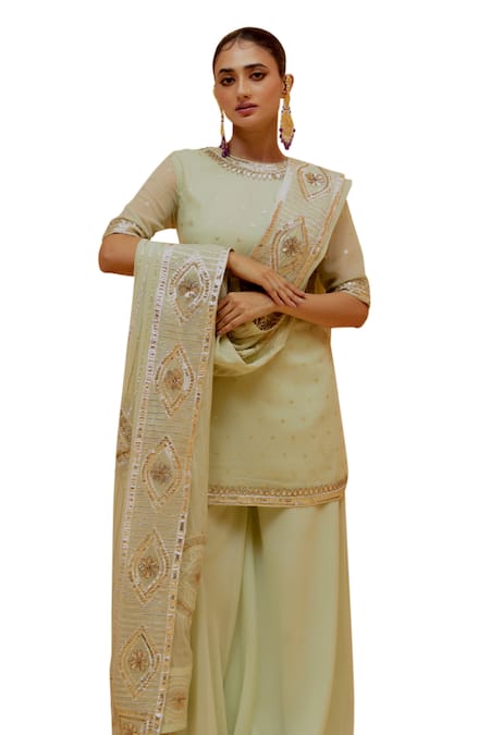 Ranian Green Georgette Embroidery, Gota Patti High Neck Short Kurta Sharara Set at Aza Fashions Ranian_Green Georgette Embroidery, Gota Patti High Neck Short Kurta Sharara Set _at_Aza_Fashions