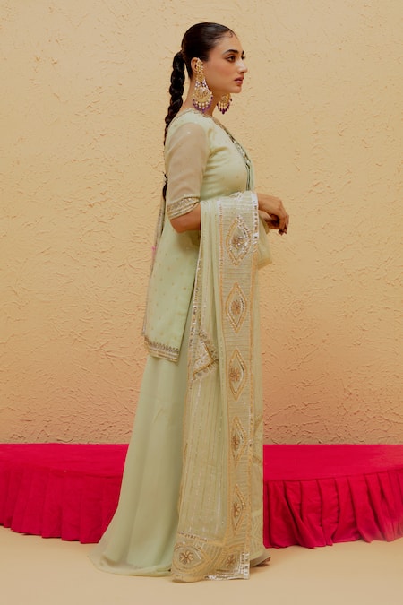 Buy Ranian Green Georgette Embroidery, Gota Patti High Neck Short Kurta Sharara Set Buy_Ranian_Green Georgette Embroidery, Gota Patti High Neck Short Kurta Sharara Set