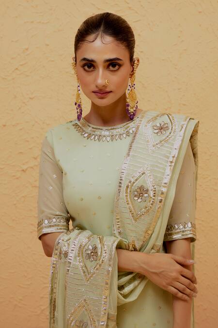 Shop Ranian Green Georgette Embroidery, Gota Patti High Neck Short Kurta Sharara Set Shop_Ranian_Green Georgette Embroidery, Gota Patti High Neck Short Kurta Sharara Set