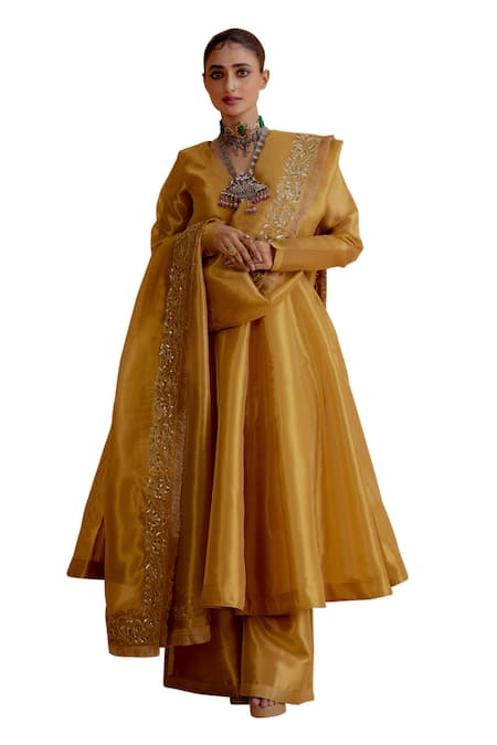 Ranian Gold Silk, Tissue Embroidery, Zari V-neck Kalidar Kurta Set at Aza Fashions Ranian_Gold Silk, Tissue Embroidery, Zari V-neck Kalidar Kurta Set _at_Aza_Fashions