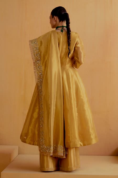 Ranian Gold Silk, Tissue Embroidery, Zari V-neck Kalidar Kurta Set Online at Aza Fashions Ranian_Gold Silk, Tissue Embroidery, Zari V-neck Kalidar Kurta Set _Online_at_Aza_Fashions