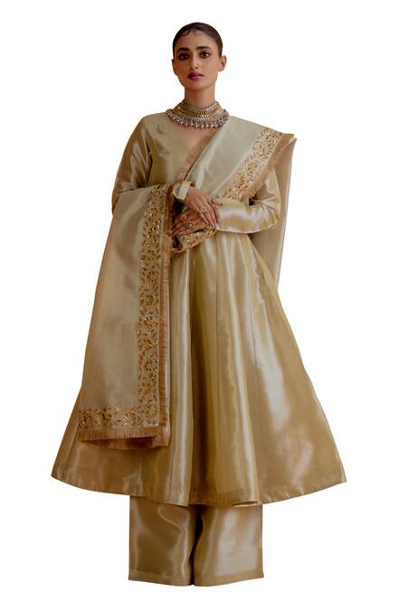 Ranian Pink Tissue, Silk Embroidery, Zari V-neck Kalidar Kurta Set at Aza Fashions Ranian_Pink Tissue, Silk Embroidery, Zari V-neck Kalidar Kurta Set _at_Aza_Fashions