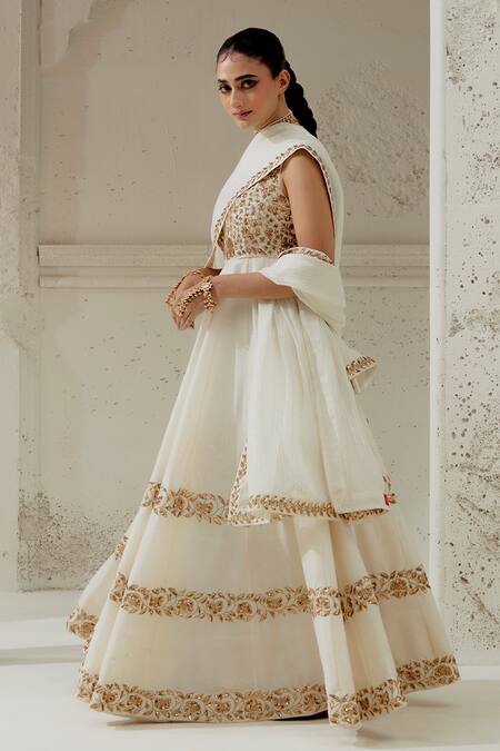 Buy_Ranian_Ivory Silk, Georgette Embroidery, Zari Kalidar Kurta With Dupatta _Online_at_Aza_Fashions