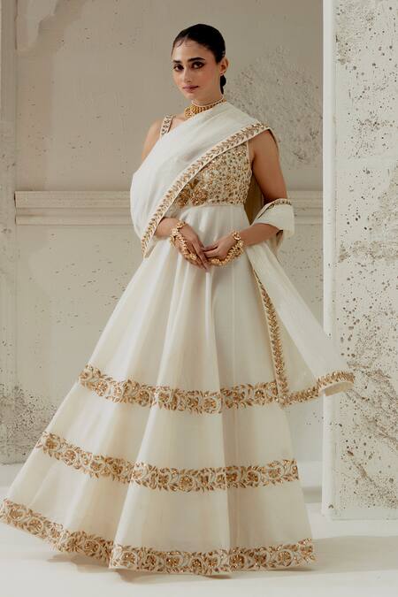 Shop_Ranian_Ivory Silk, Georgette Embroidery, Zari Kalidar Kurta With Dupatta _Online_at_Aza_Fashions