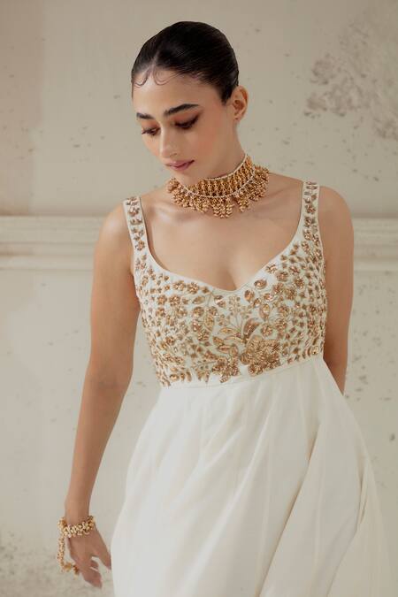 Ranian_Ivory Silk, Georgette Embroidery, Zari Kalidar Kurta With Dupatta _at_Aza_Fashions