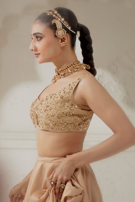 Buy Ranian Gold Silk Embroidery, Zari Asymmetric Zardosi Blouse Flared Lehenga Set Online at Aza Fashions Buy_Ranian_Gold Silk Embroidery, Zari Asymmetric Zardosi Blouse Flared Lehenga Set _Online_at_Aza_Fashions