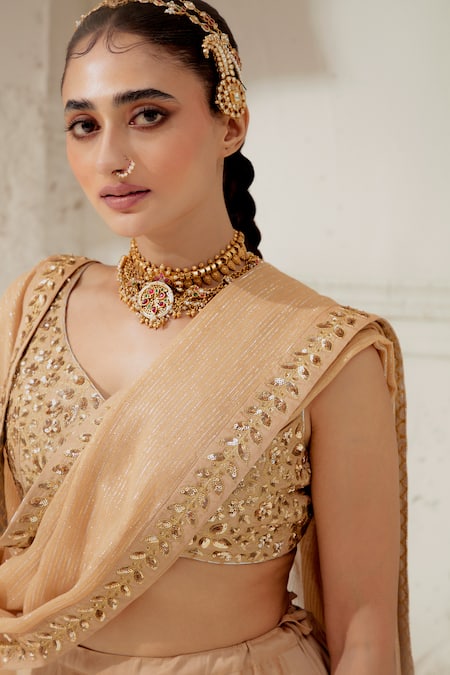 Ranian Gold Silk Embroidery, Zari Asymmetric Zardosi Blouse Flared Lehenga Set at Aza Fashions Ranian_Gold Silk Embroidery, Zari Asymmetric Zardosi Blouse Flared Lehenga Set _at_Aza_Fashions