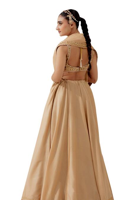 Buy Ranian Gold Silk Embroidery, Zari Asymmetric Zardosi Blouse Flared Lehenga Set Buy_Ranian_Gold Silk Embroidery, Zari Asymmetric Zardosi Blouse Flared Lehenga Set